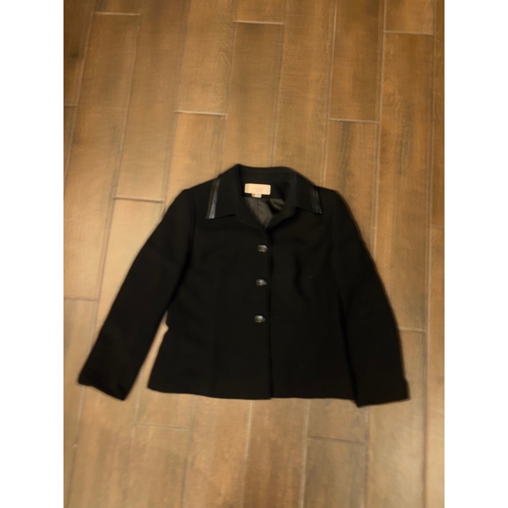 Le Suit Petite Blazer 14P Black Faux Leather Trim Professional Workwear‎ Jacket